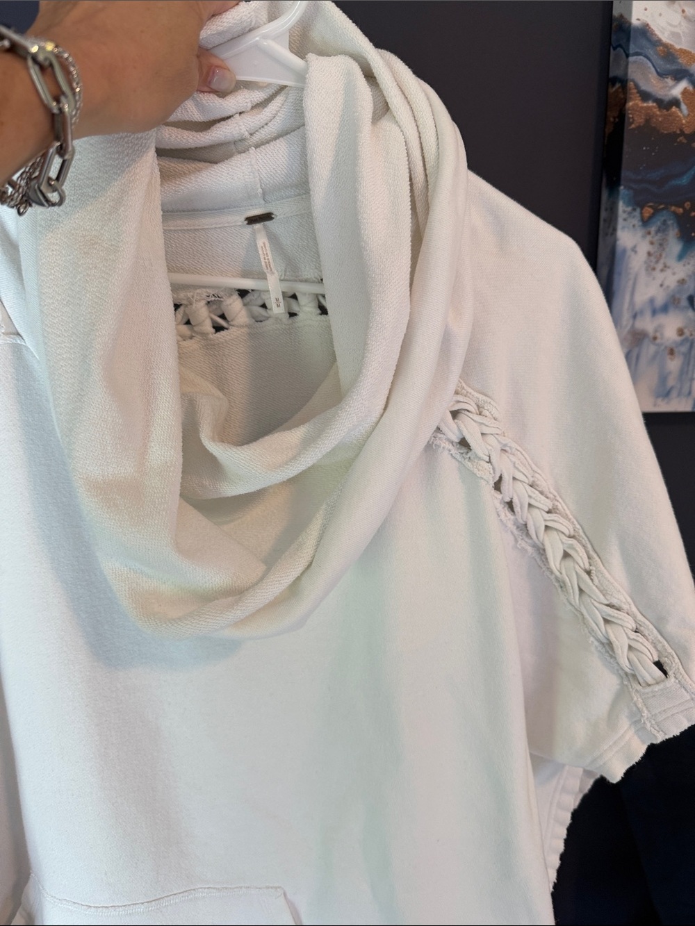 Free People M Ivory Braided-Trim Cowl Neck Top